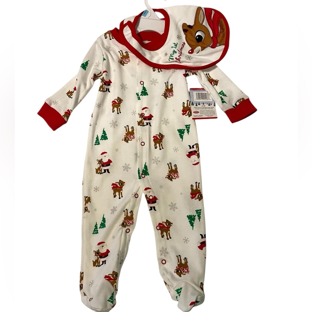 Rudolph Baby First Christmas Reindeer Footie & Bib | 6M Unisex | NEW